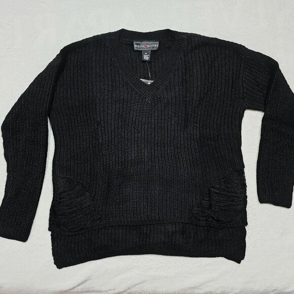 Polly & Esther ✦ Black Distressed High-Low Sweater ✦ V-Neck Ribbed Knit Sz M NWT - Picture 2 of 10